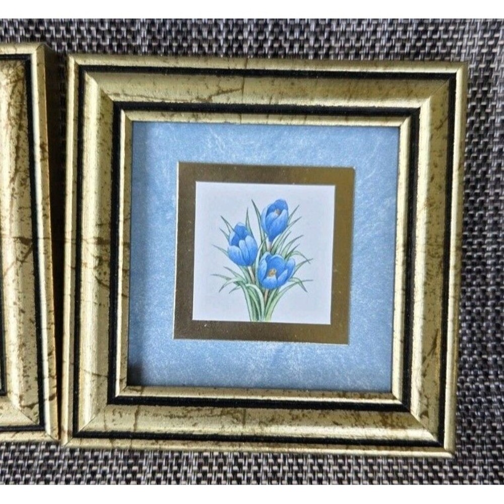 3 Miniature Pictures By Kathy Seek Blue Flowers Gold Frames 4x4 - Picture 4 of 12